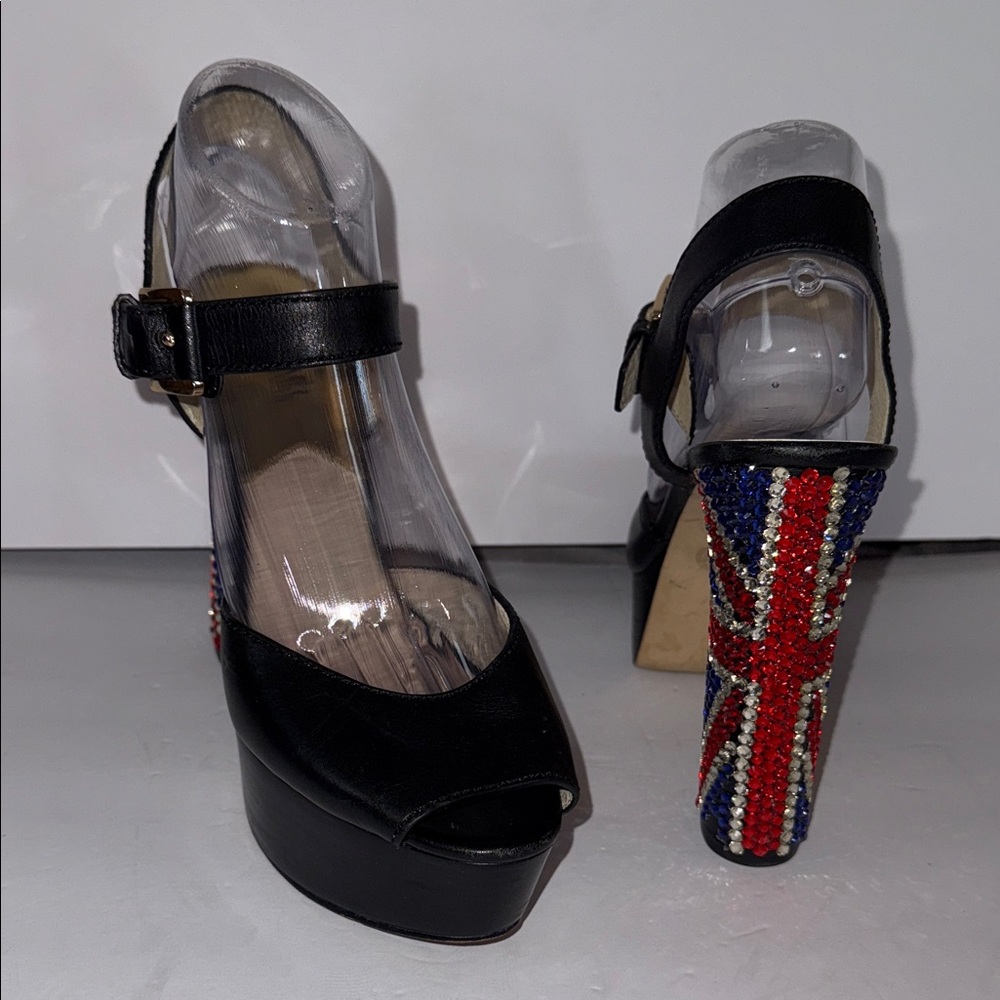 RARE MICHAEL Michael Kors Black Platform Heels Custom Union Jack Design Size 9.5
